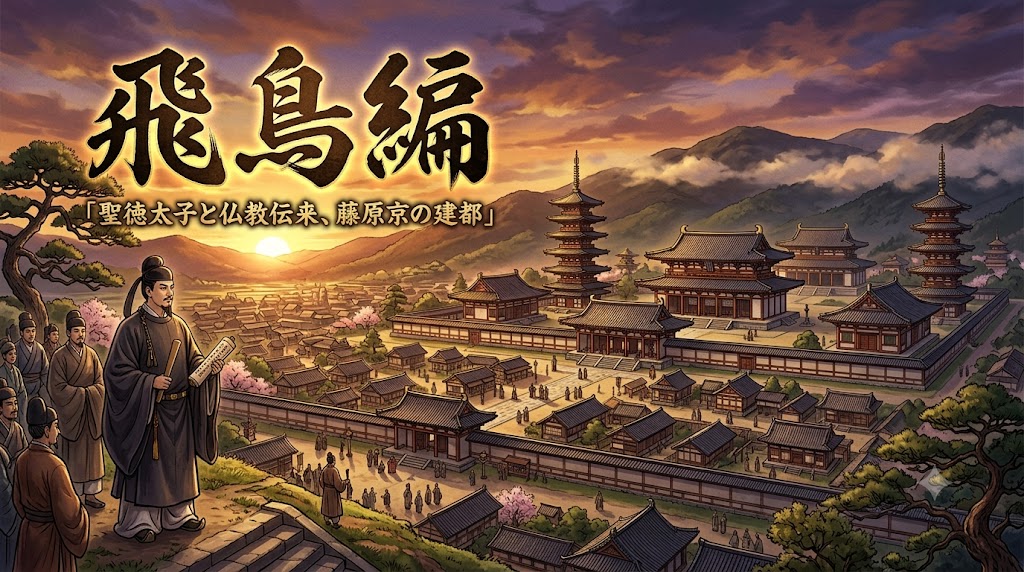 夕暮れの藤原京と寺院、聖徳太子を描いたイメージ「飛鳥編」