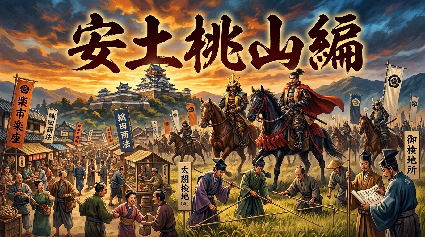 楽市楽座の城下町と太閤検地、騎馬武者を描いたイメージ「安土桃山編」