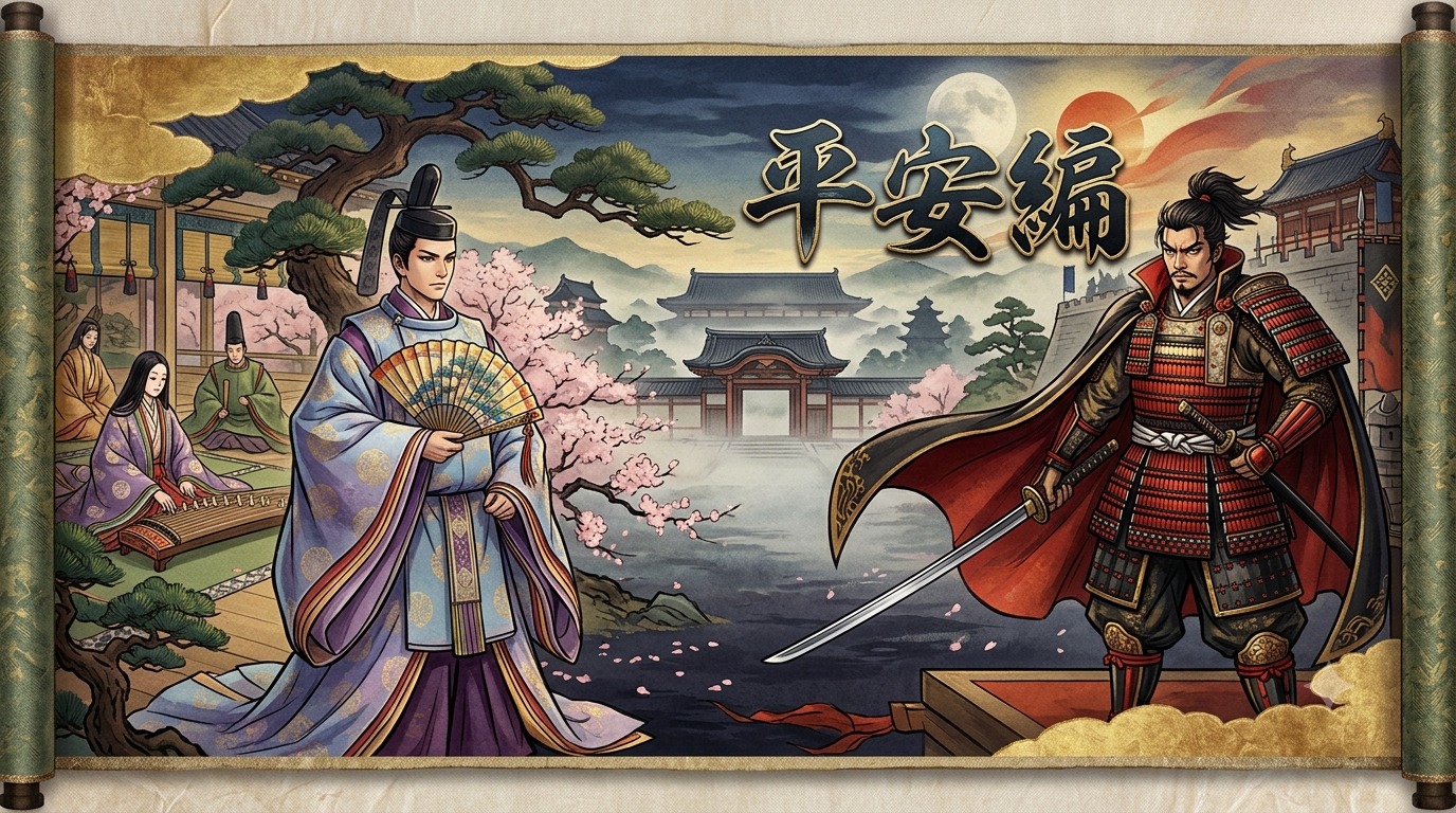 扇を持つ公家と甲冑姿の武将が対峙する、王朝文化と武士の台頭を描いたイメージ「平安編」