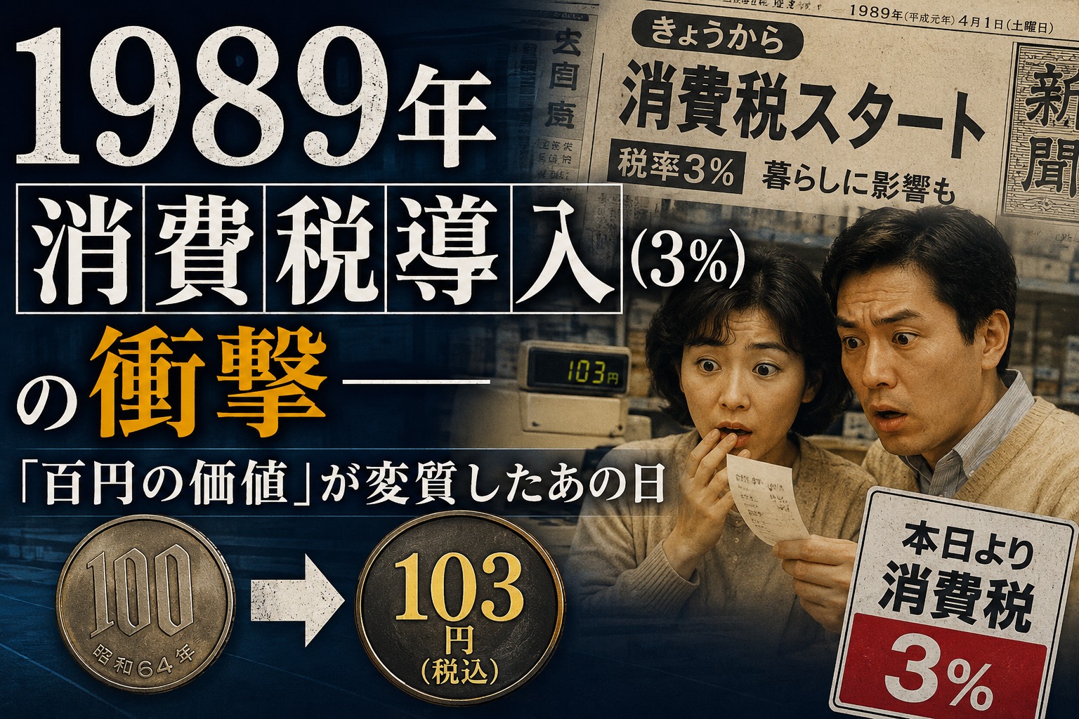 1989年の消費税導入を報じる新聞と、レシートを見て驚く当時の人々を描いたイメージ
