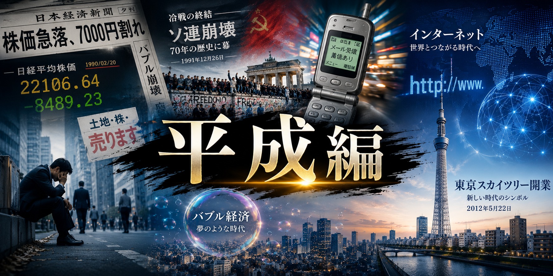 バブル崩壊とベルリンの壁崩壊、携帯電話やインターネットの普及、東京スカイツリー開業を描いたイメージ「平成編」