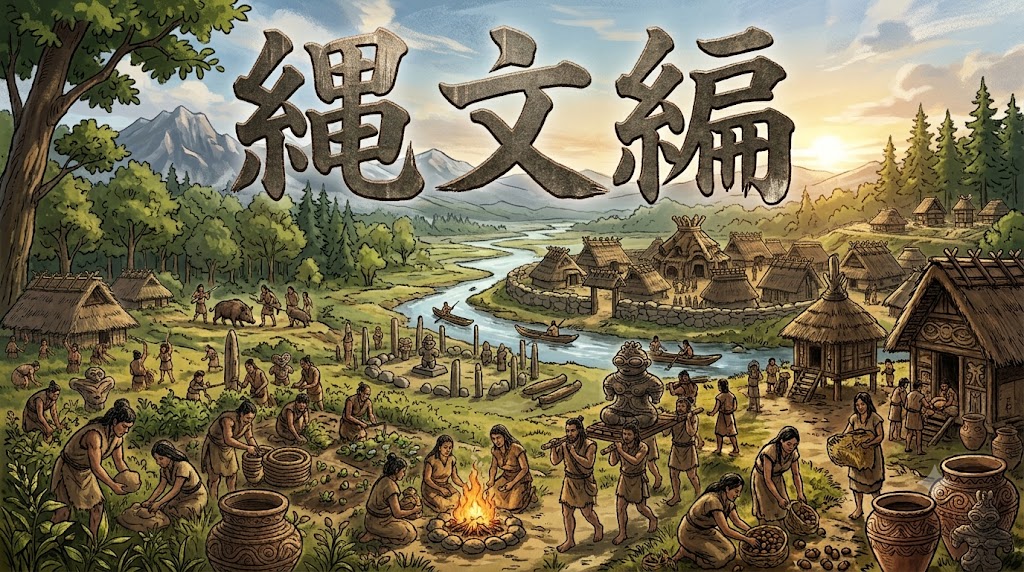 竪穴建物と森が広がる縄文時代の集落の風景を俯瞰したイメージ「縄文編」