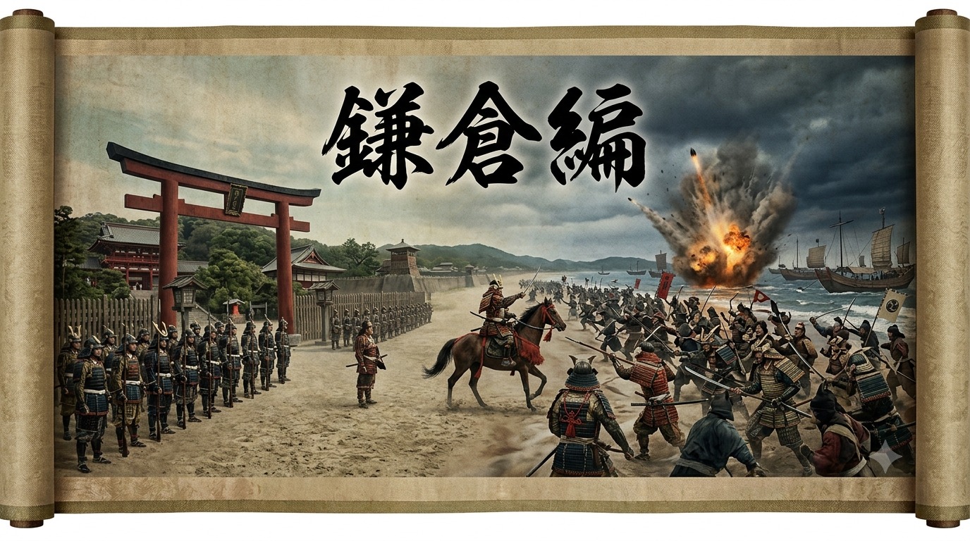 鳥居の前に整列する武士団と、元寇の海岸戦を描いたイメージ「鎌倉編」