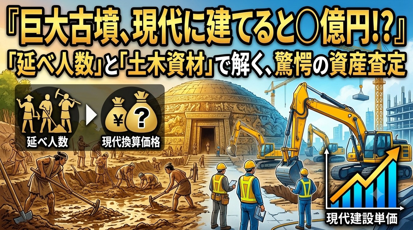 巨大古墳の建設現場を、古代の人足と現代の重機で対比したイメージイラスト