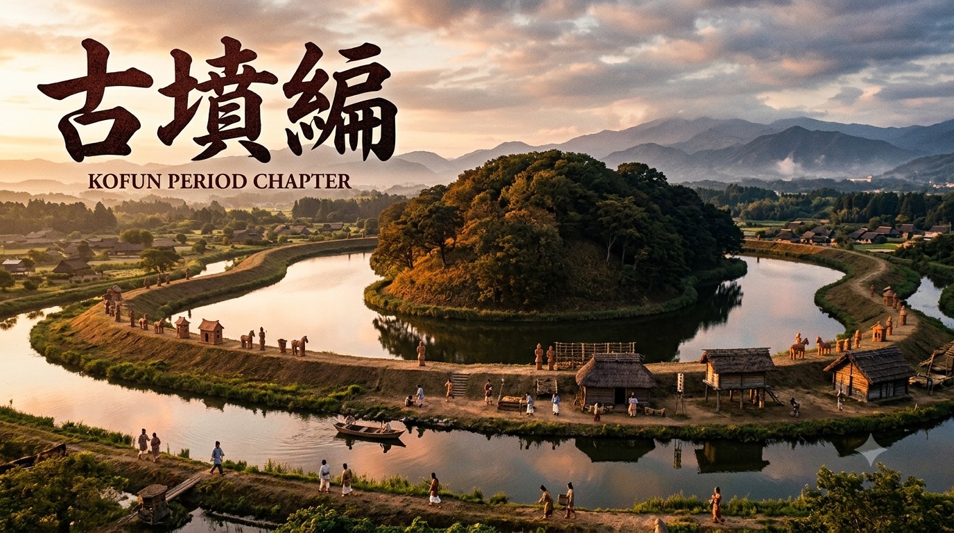 夕暮れの前方後円墳と復元された古墳時代の集落を俯瞰したイメージ「古墳編」