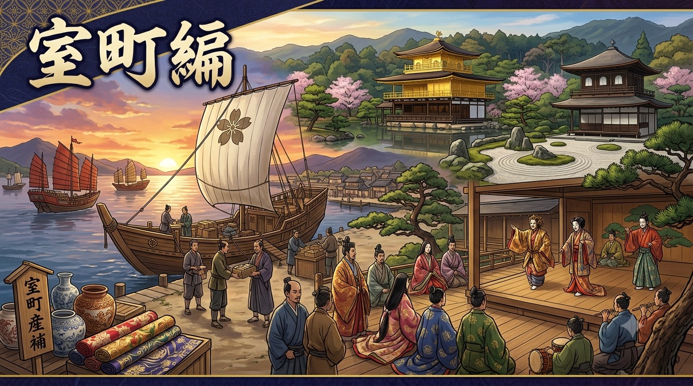 貿易船が行き交う港と金閣寺、能や連歌を楽しむ人々を描いたイメージ「室町編」
