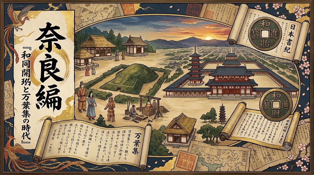 平城京と東大寺、万葉集の巻物を描いたイメージ「奈良編」