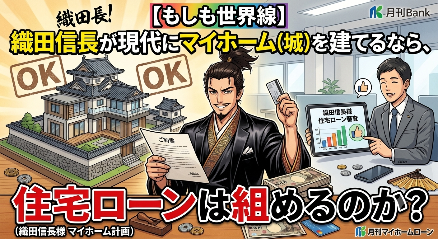 織田信長が現代の銀行窓口で住宅ローンの事前審査を受けているイメージ