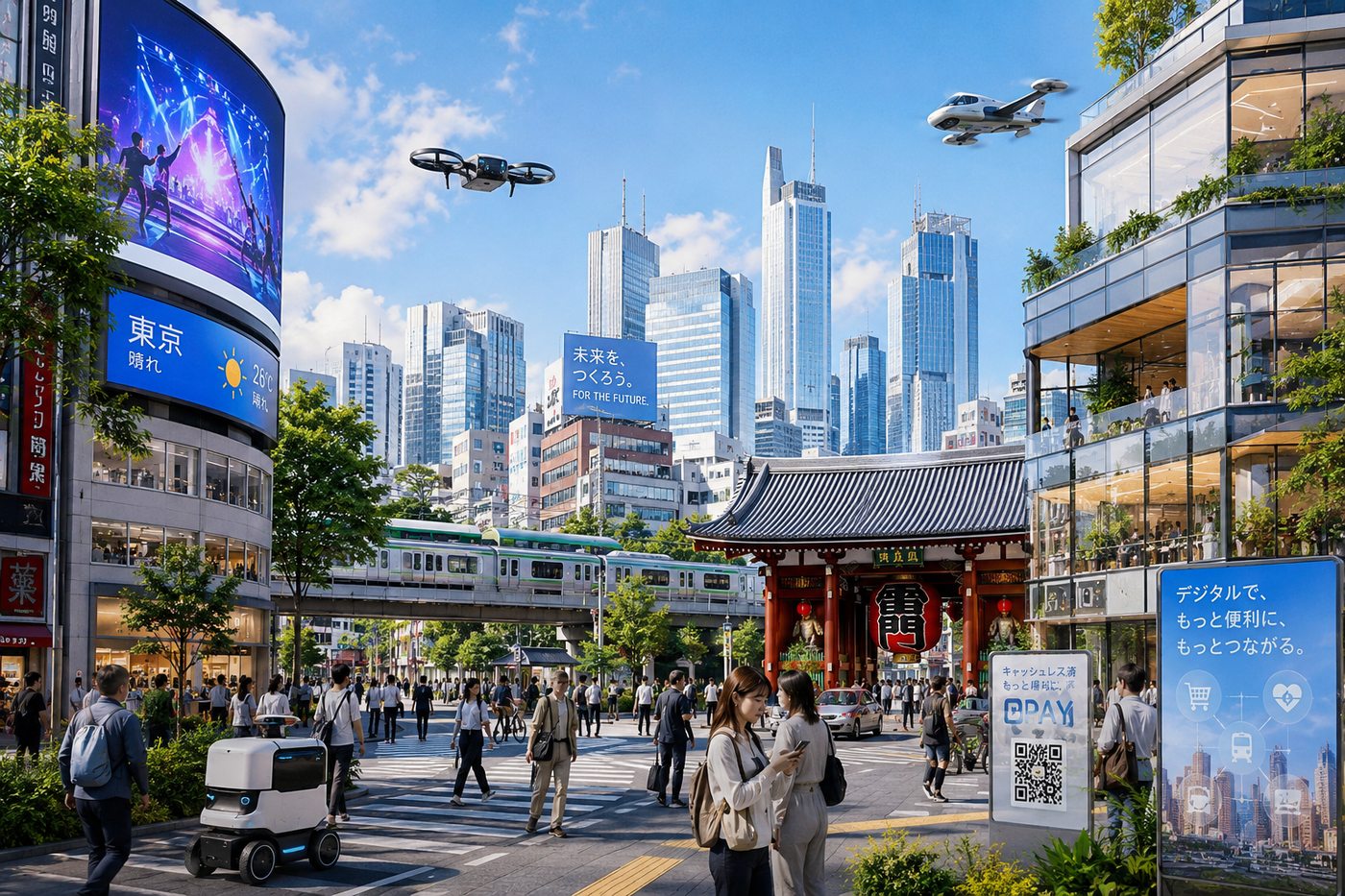ドローンや空飛ぶ車が行き交う、キャッシュレス化した令和の東京の街並み