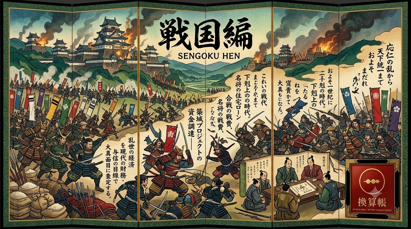 戦国時代の合戦と築城、大名の会議を描いた屏風絵風のイラスト