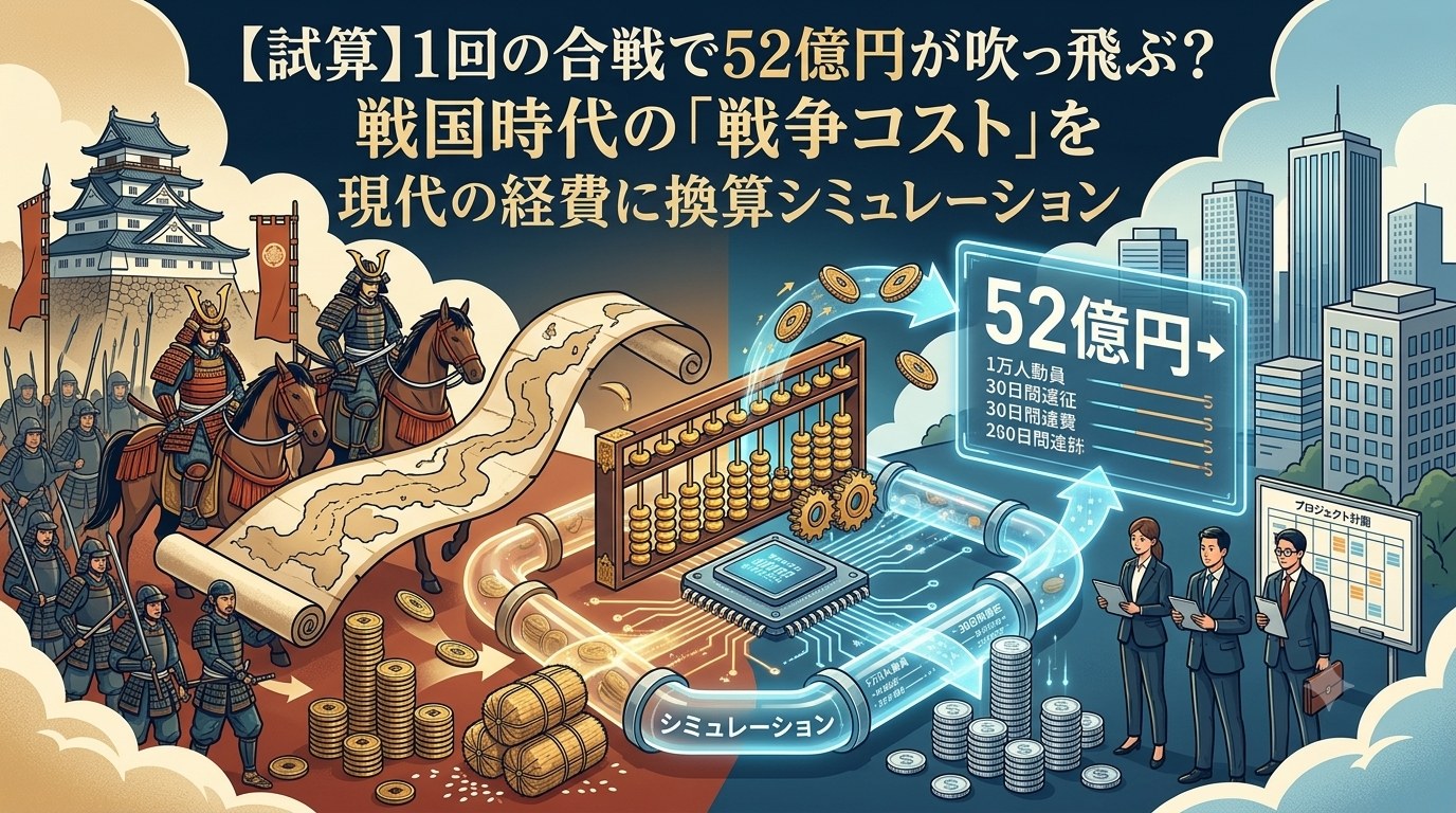 戦国時代の合戦の戦費を現代のビジネスコストに換算するイメージイラスト
