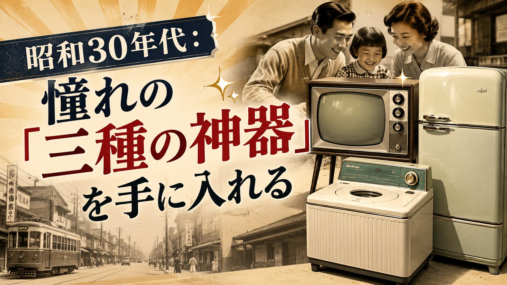 昭和30年代、白黒テレビ・洗濯機・冷蔵庫の三種の神器を囲んで喜ぶ家族と、路面電車の走る商店街を描いたイメージ