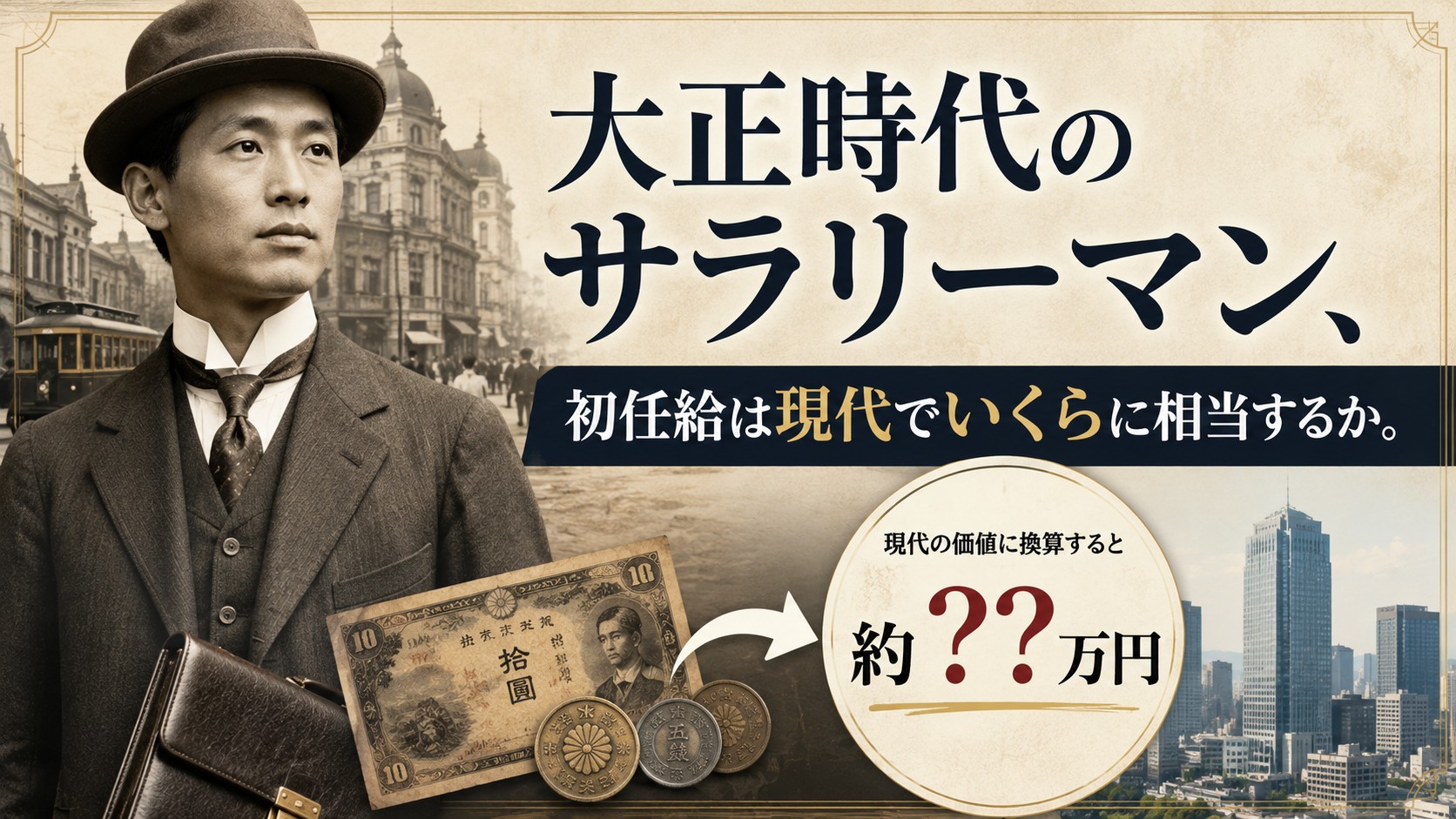 大正時代のモダンな街並みを背景に、スーツと鞄姿で丸の内のオフィス街へ向かう大卒サラリーマンと、十圓紙幣・硬貨を描いたイメージ