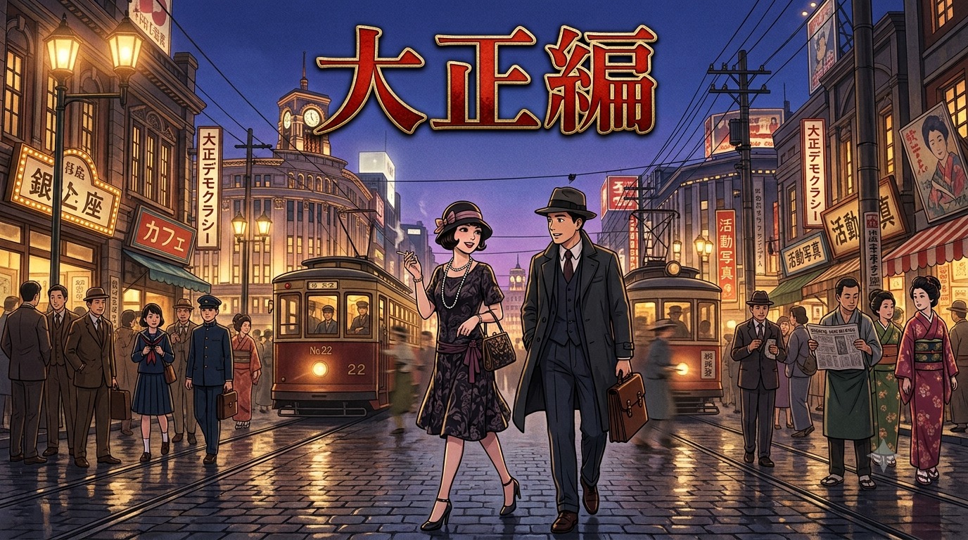 路面電車が走るモダンな銀座の街並みと、大正ロマン風の男女を描いたイメージ「大正編」