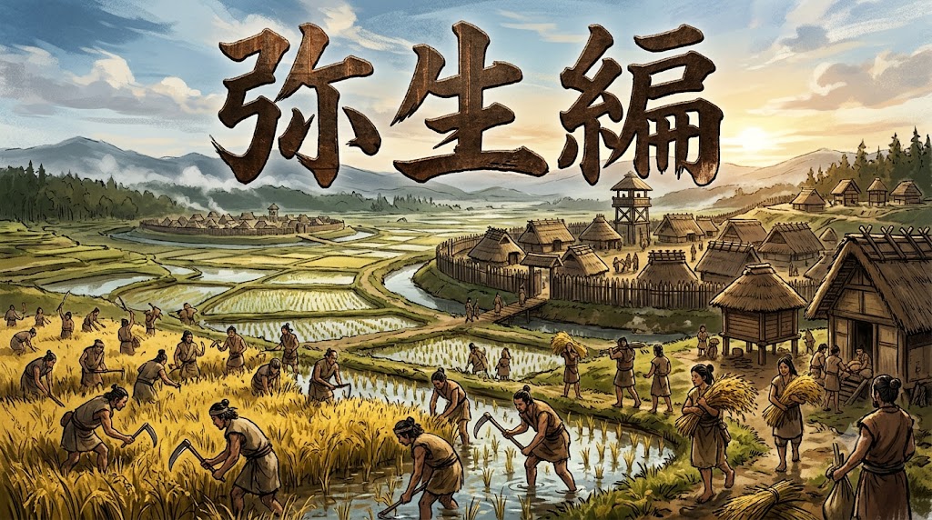 環濠集落と水田が広がる弥生時代の風景を俯瞰したイメージ「弥生編」