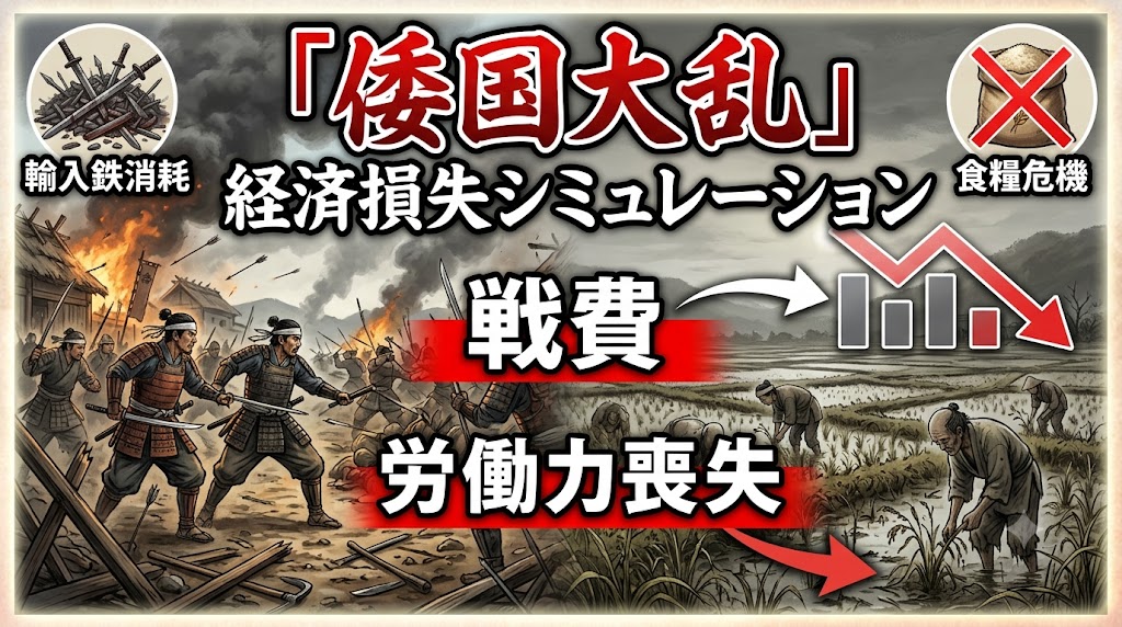 「倭国大乱」経済損失シミュレーション。戦う兵士と稲作にいそしむ人々を対比したイメージイラスト